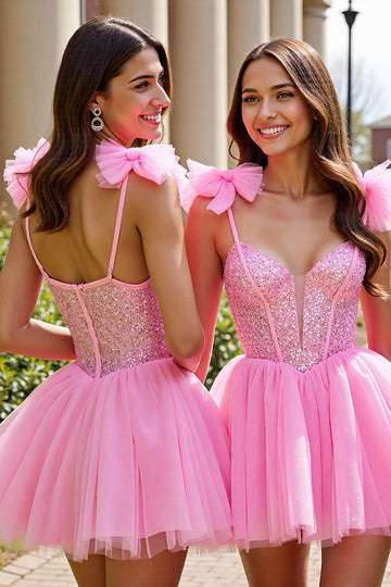 Sparkly Pink Sequin Corset Short Prom Dress with Bows